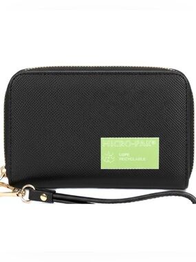 Micro-Pak Small Black Corner Zip Vegan Pebbled Leather Wristlet Wallet NWOT